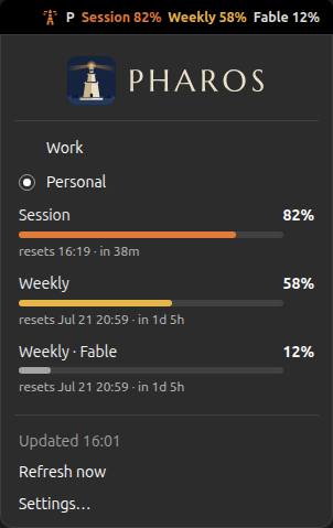 The Pharos panel tag and its open menu: an account switcher above Session at 82% in ember, Weekly at 58% in gold, and Weekly · Fable at 12% untinted, each with its reset time